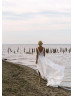 V Neck White Organza Slit Sexy Beach Wedding Dress